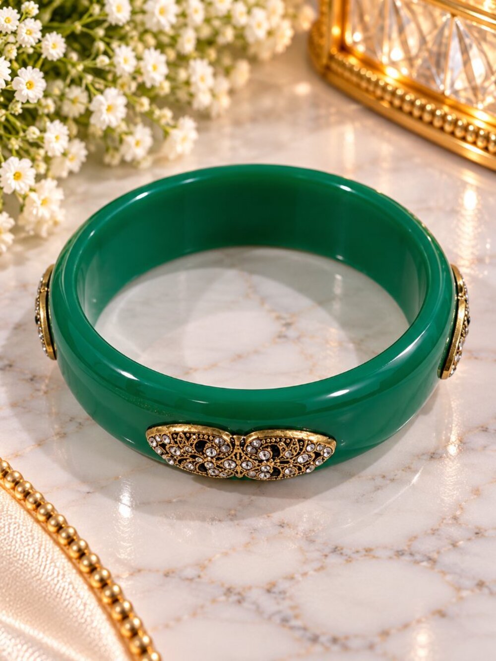 Green Bangle Bracelet Gold Tone Rhinestone Filigree Statement Fashion Jewelry